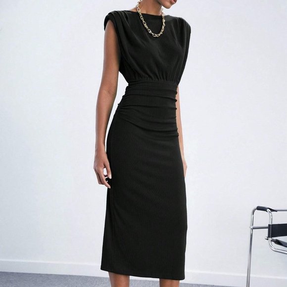 Black Preppy Womens Solid Shoulder Pad Ruched Waist Dress - Picture 4 of 5